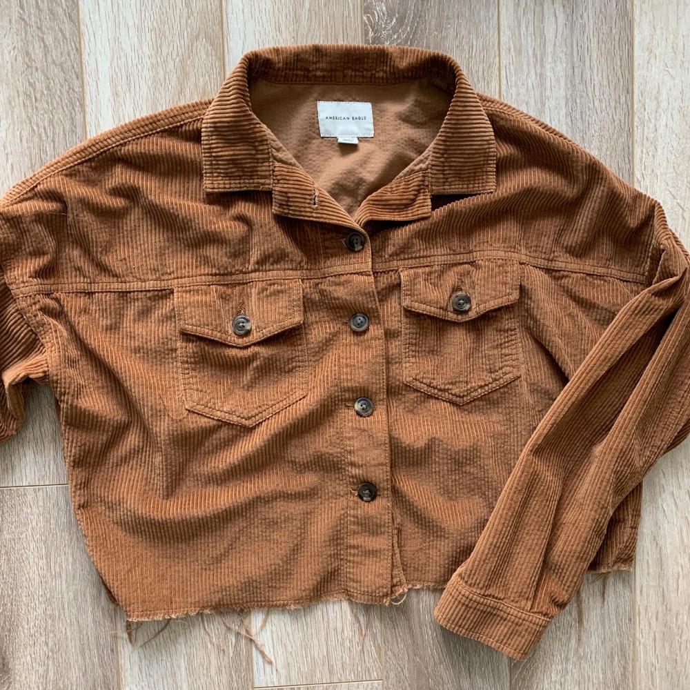 American Eagle Brown/Tan Corduroy Cropped Button Down Shirt with Raw Hem - XS/S